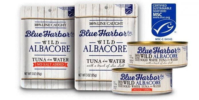 Blue Harbor Fish Co. Wild Albacore No Salt Added Pouch; Blue Harbor Fish Co. Wild Albacore in Water with a Touch of Sea Salt Pouch; Blue Harbor Fish Co. Wild Albacore No Salt Added Can; Blue Harbor Fish Co. Wild Albacore In Water with a Touch of Sea Salt Can.