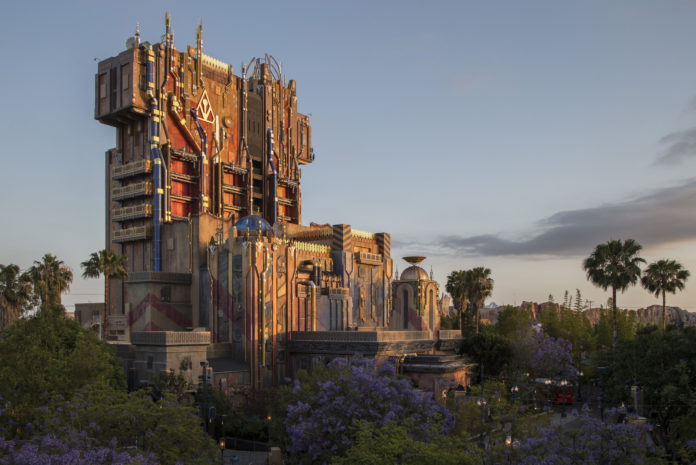 Guardians of the Galaxy--Mission: BREAKOUT! -- The exterior of The Collector’s Fortress shimmers at dusk at Disney California Adventure Park, enticing guests to explore the new attraction Guardians of the Galaxy-Mission: BREAKOUT! The epic new adventure blasts guests straight into the “Guardians of the Galaxy” story for the first time, alongside characters from the blockbuster films and comics. Rocket is asking guests to help him rescue his pals from The Collector’s grandiose Fortress. (Joshua Sudock/DIsneyland Resort)