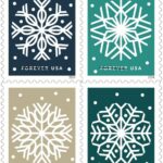 Winter Whimsy: Four new stamps in a booklet of 20 celebrate the winter season with lacy, symmetrical graphic forms inspired by snowflakes.