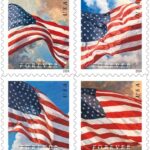 U.S. Flags: The Postal Service continues its tradition of celebrating the U.S. flag with these stamps, available in booklets of 20 and in coils of 100, 3,000 and 10,000. Four stamps feature the flag majestically waving at different times of the day.