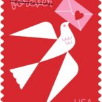 Love: The 2024 Love stamp features a stylized bird in flight bearing a message of love in its beak.