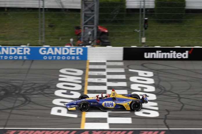 Honda driver Alexander Rossi scored his fifth IndyCar Series win of 2018 Sunday at Pocono Raceway.
