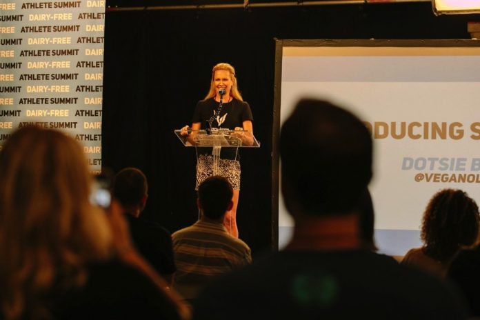 Olympian Dotsie Bausch announces the official launch of Switch4Good at the first ever Dairy Free Athlete Summit in Los Angeles, CA. Switch4Good is a coalition comprised of Olympic and professional athletes - supported by a team of health professionals and trainers - with a mission to educate the public on the dangers of dairy consumption. Credit: Alexandra Foley, Switch4Good.