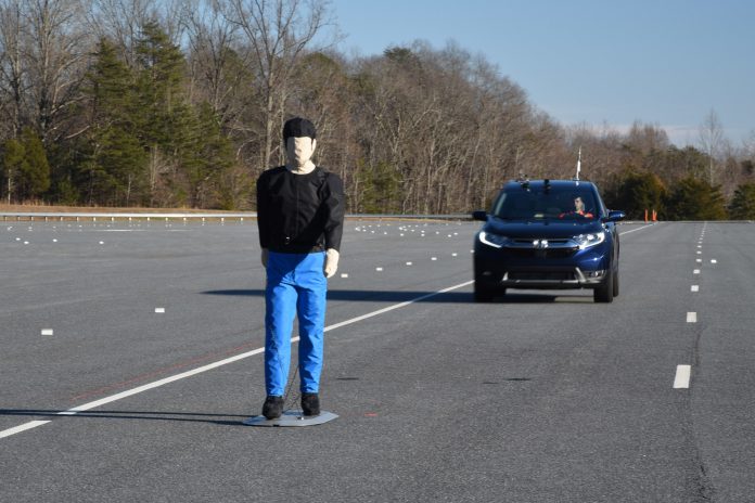 Honda CR-V Pedestrian Detection and Crash Prevention Testing by IIHS. Photo courtesy of IIHS.