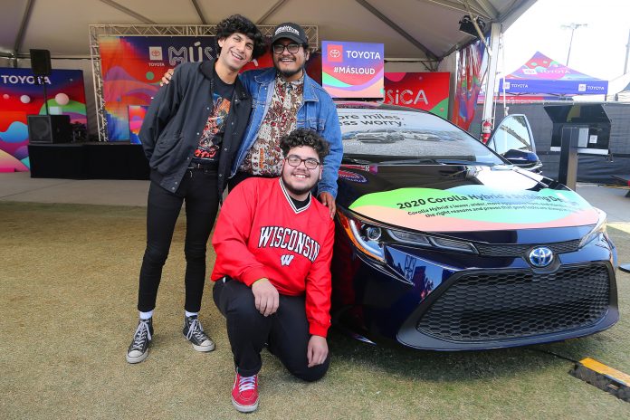 Band members Jose Corona (drums), Henry Vargas (vocals, guitar) and Patrick Estrada (bass) of The Red Pears joined Toyota for a special meet and greet with fans during the Tropicalia Festival in Pomona, California.