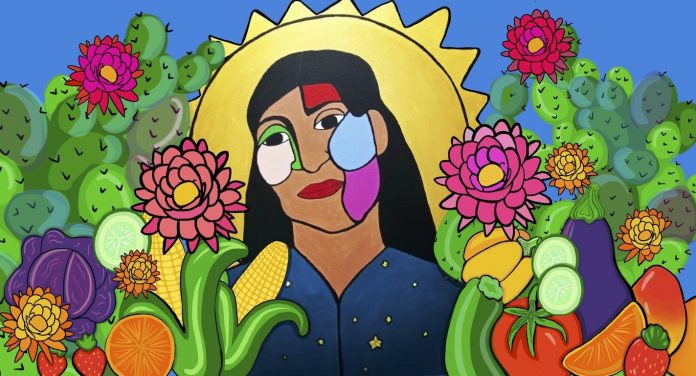 San Bernardino artist Belen Ledezma created a vibrant portrait for Blue Shield of California’s Covid-19 education campaign that focuses on nutrition, food insecurity and the diversity and strength of the community.