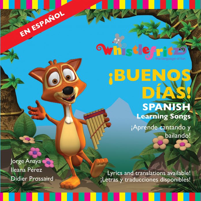 Cover image for the children's music album BUENOS DÍAS - Spanish Learning Songs, the latest release by Whistlefritz, the award-winning producer of language-learning programs for kids. The album features performances by Jorge Anaya, Ileana Perez, Didier Prossaird, Ricardo Marlow, Hector "Coco" Barez, Max Rosado, Andres Mallea, Susana Lopez-Chavarriaga, Josh Kauffman, Eric Teran, and Memo Pelayo. The album celebrates the vibrant music, language, and culture of the Spanish-speaking world.